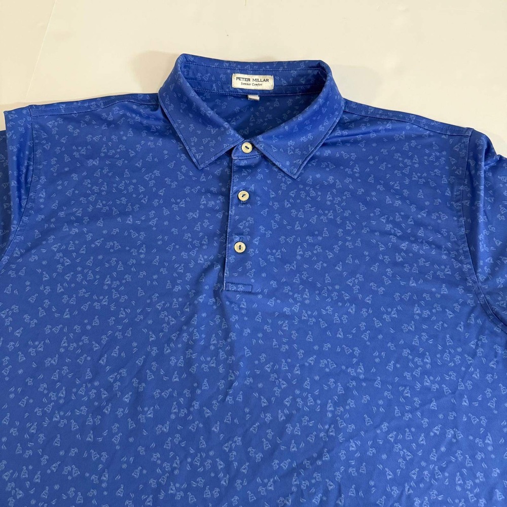 Peter Millar Mens Summer Comfort Tequila Bottle Print Polo Shirt Blue Large
